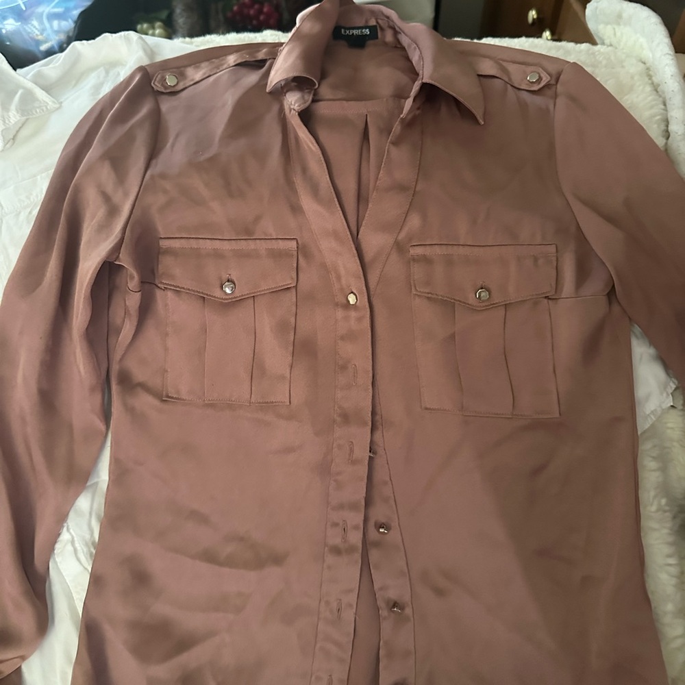 Express faux satin  long sleeve button down blouse